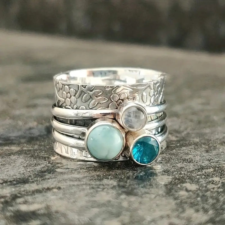 Color Stone Rings Antique Silver Finish