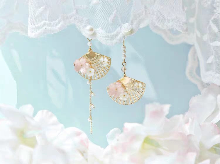 Vintage Chinese Fan Earrings Asymmetric Design