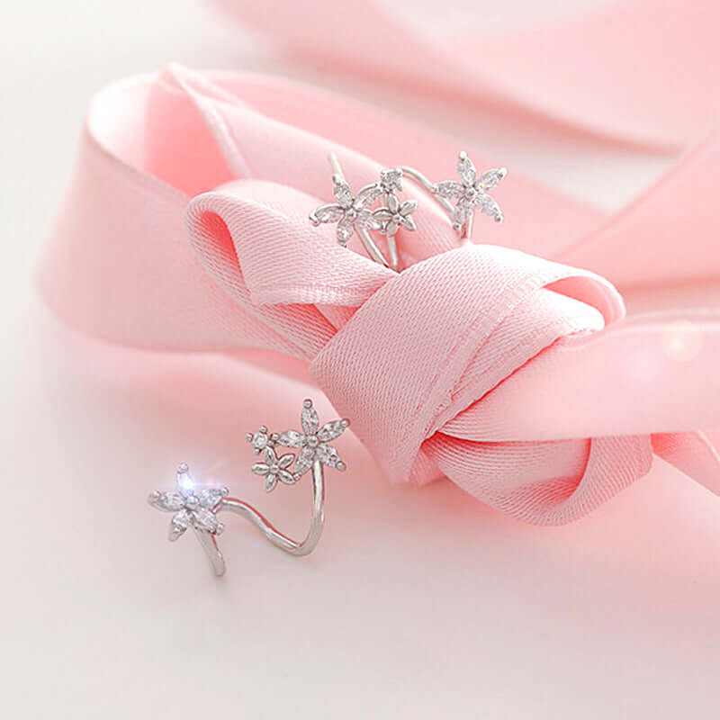 Short Hair Earrings featuring elegant flower stud design on pink ribbon, perfect for casual and special occasions.
