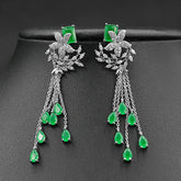 Emerald green gemstone earrings with vintage long floral design
