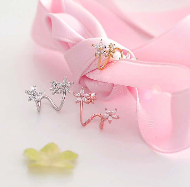 Short Hair Earrings collection featuring flower stud designs on pink ribbon background